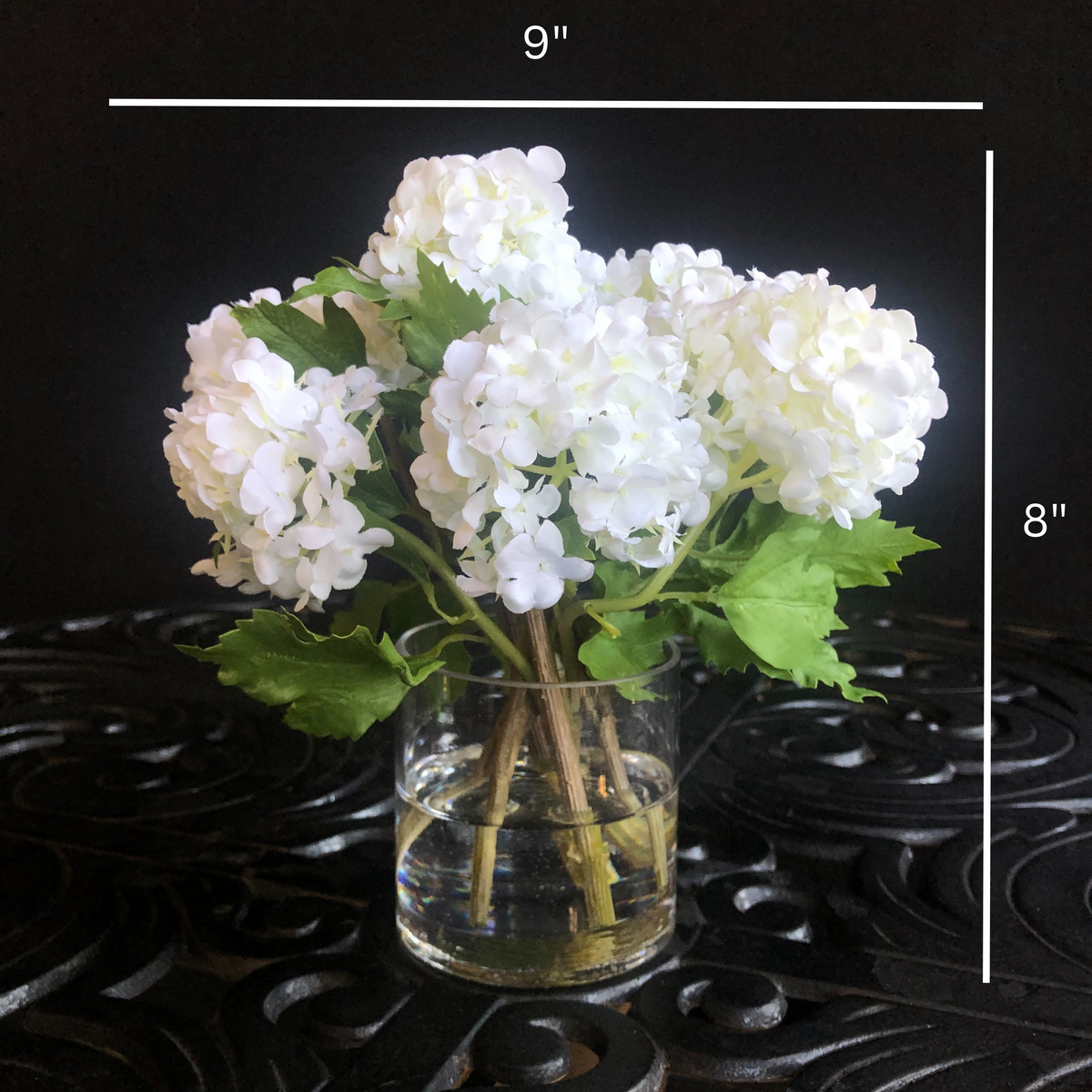 White Hydrangea Arrangement in Glass Vase — 8″