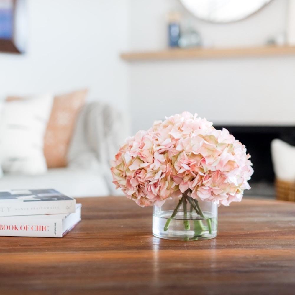 Blush Hydrangea Arrangement in Glass Vase — 10″
