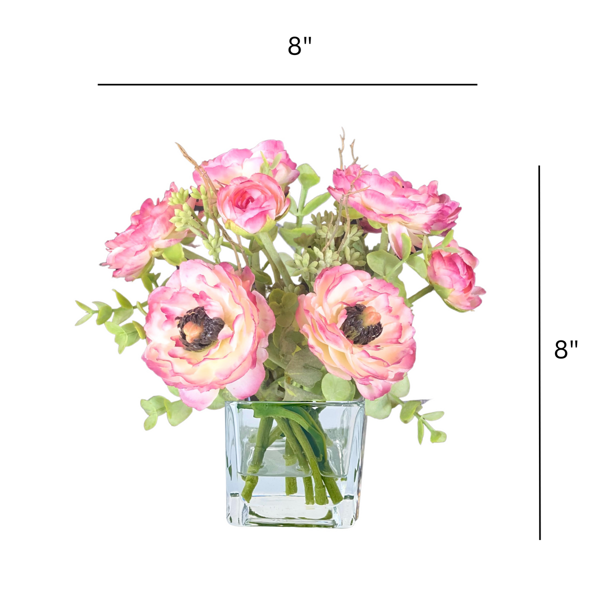 Pink Ranunculus Arrangement in Glass Vase — 8″