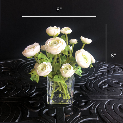 White Ranunculus Arrangement in Glass Vase — 8″