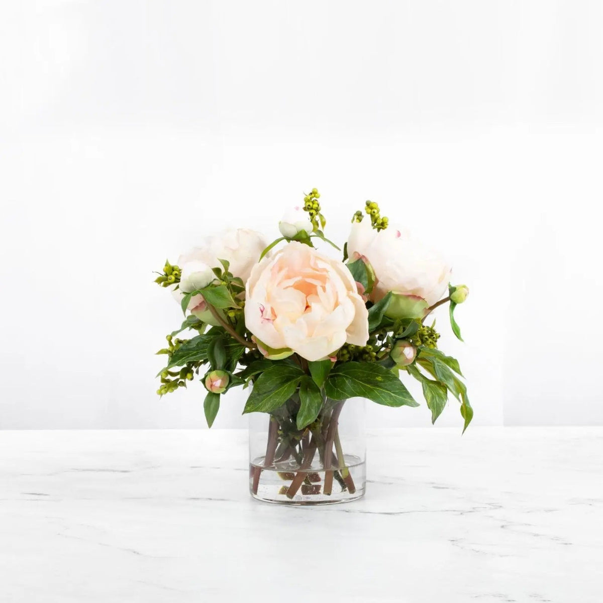 Blush Peony Trio in Glass Vase — 10″