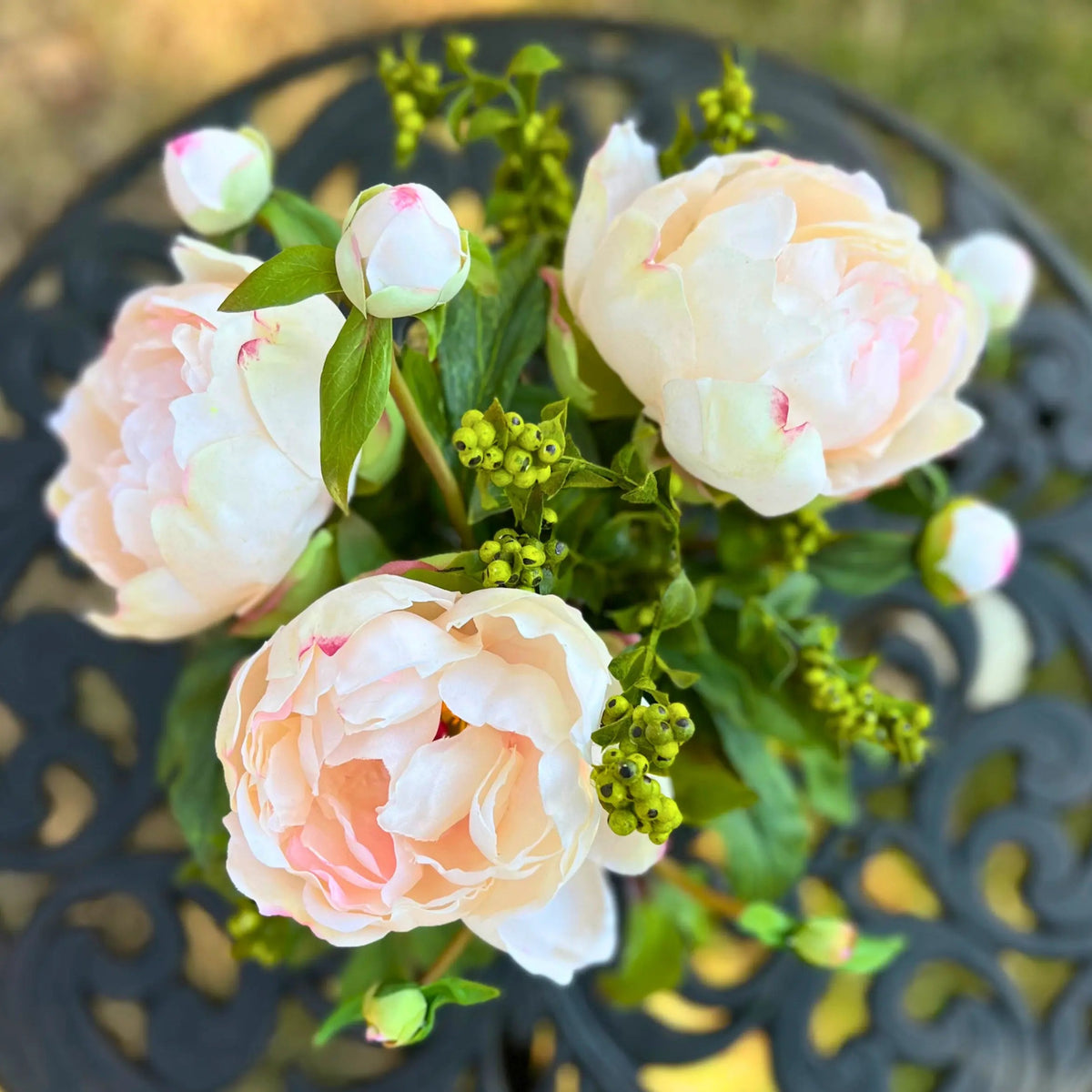 Blush Peony Trio in Glass Vase — 10″