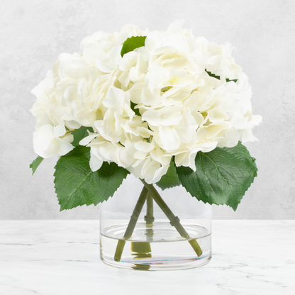 Cream-white hydrangea arrangement in a clear glass cylinder vase, 13 inches high