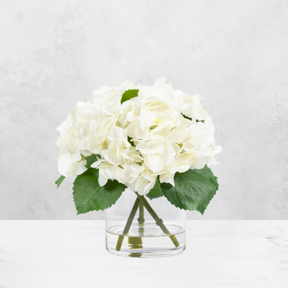 Cream-White Hydrangea Arrangement in Glass Vase — 13″