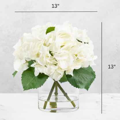 Cream-White Hydrangea Arrangement in Glass Vase — 13″