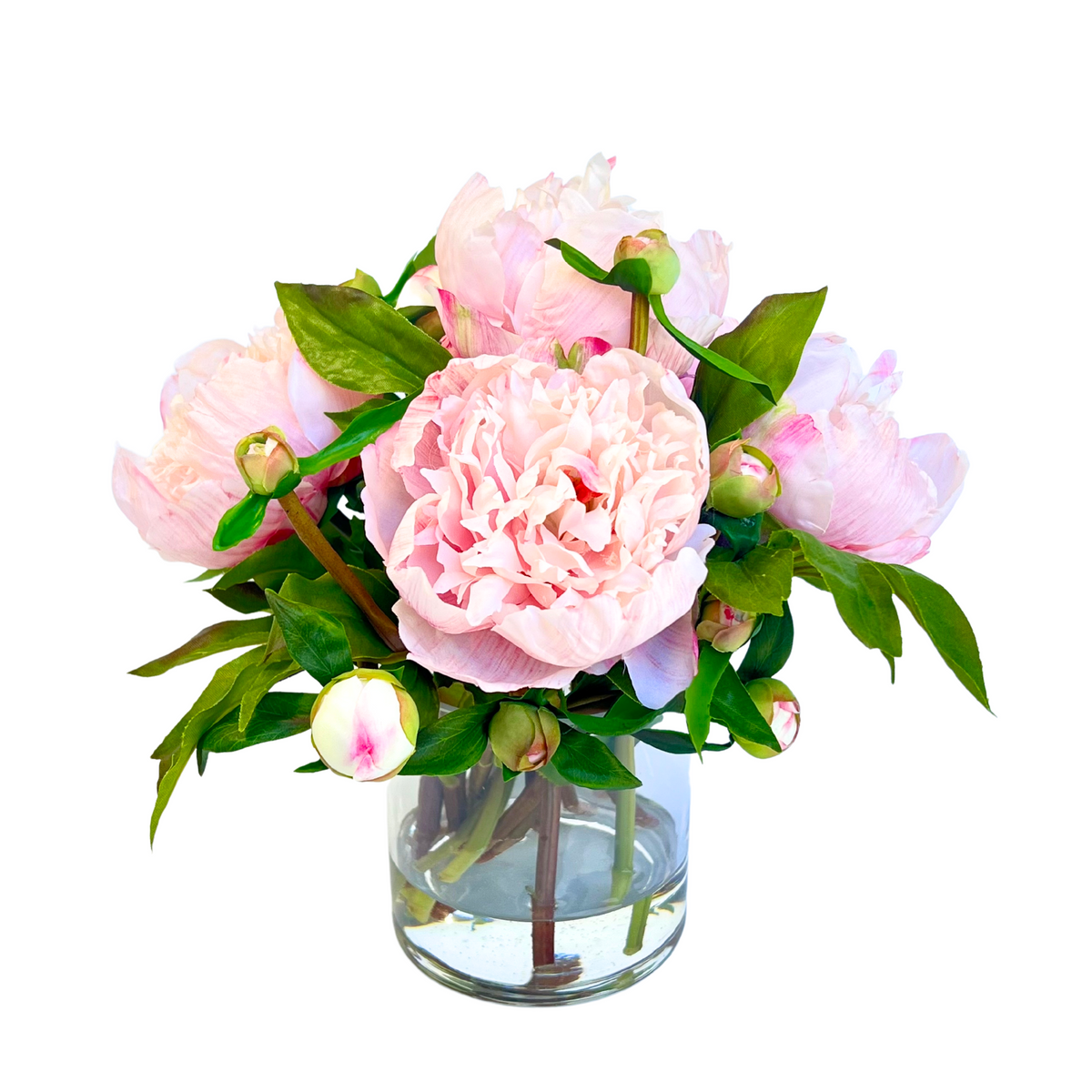 Full blush peony arrangement with five blooms in a clear glass vase, 10 inches high