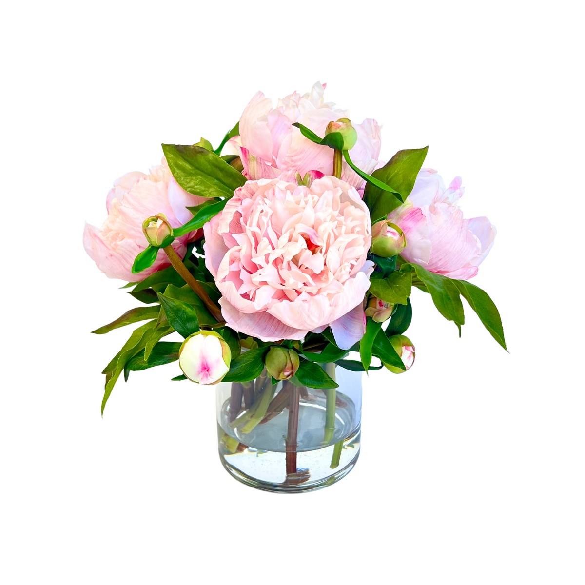Full Blush Peony Arrangement in Glass Vase — 10″