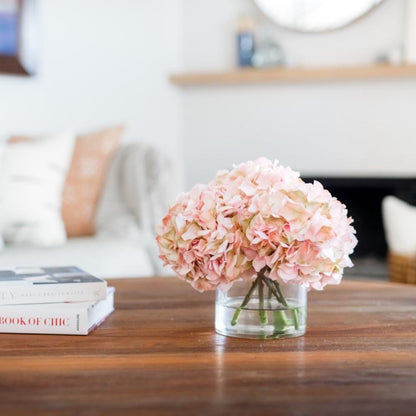 Blush Hydrangea Arrangement in Glass Vase — 10″