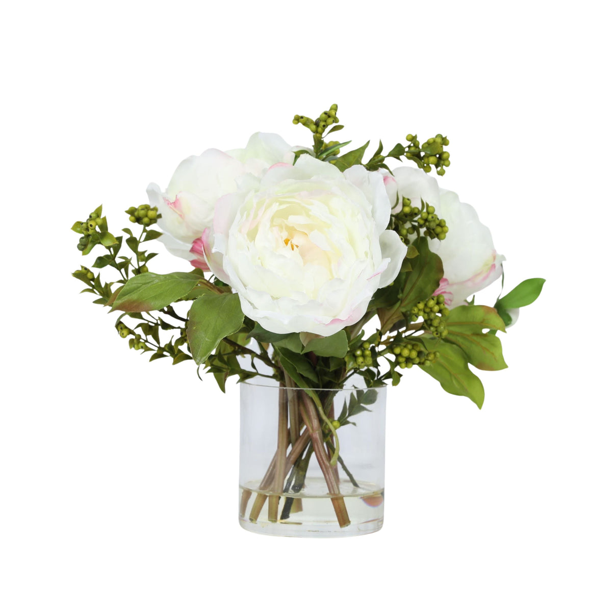 White Peony Arrangement in Glass Vase — 10″