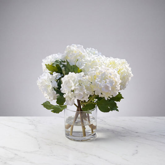 White Hydrangea Arrangement in Glass Vase — 8″