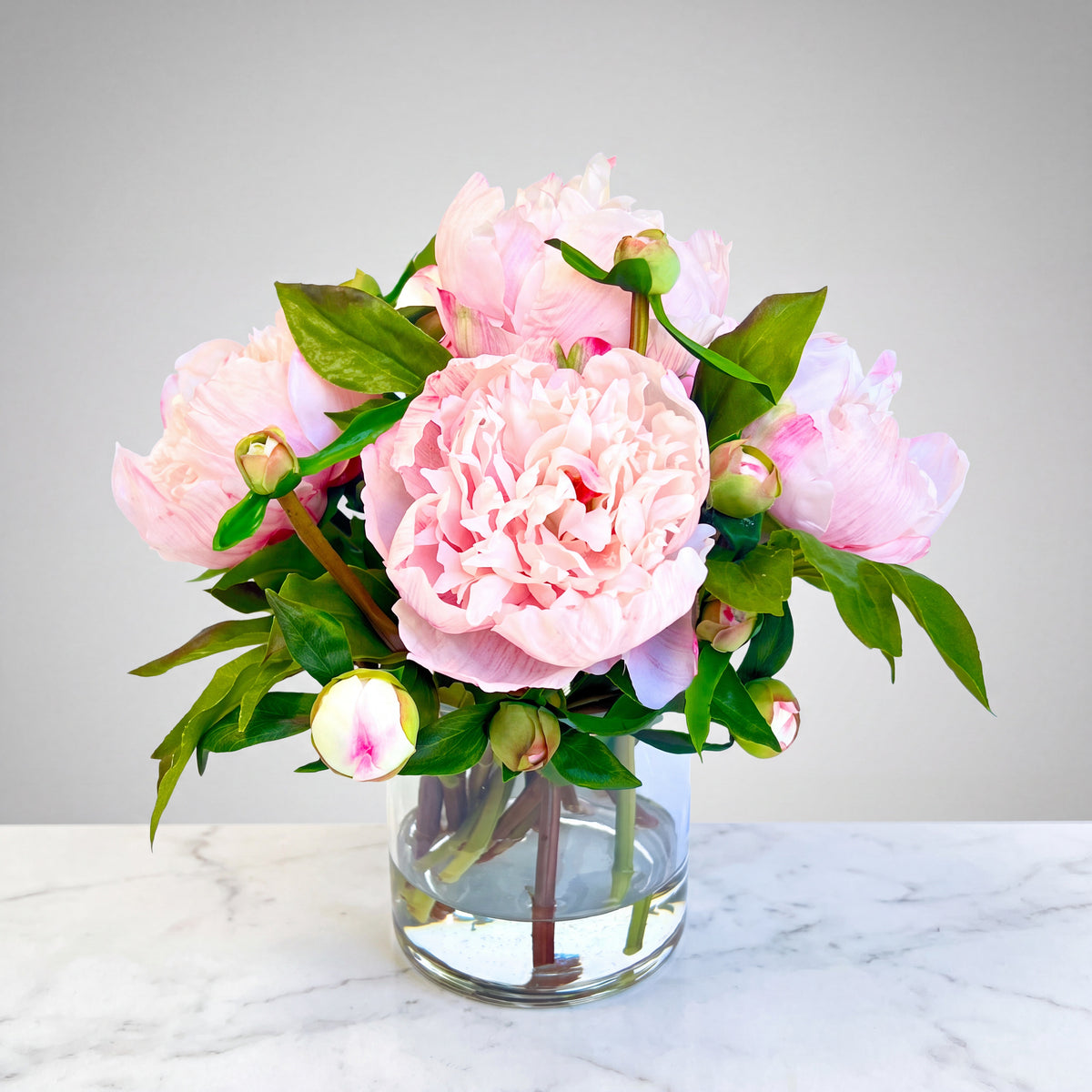 Full Blush Peony Arrangement in Glass Vase — 10″