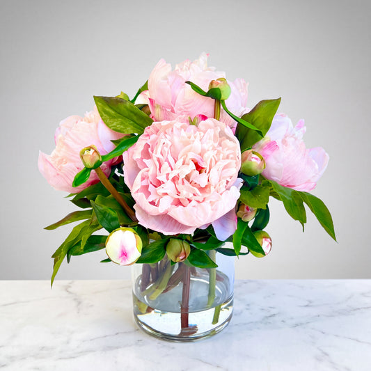 Full Blush Peony Arrangement in Glass Vase — 10″