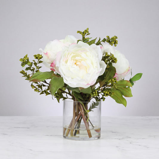 White Peony Arrangement in Glass Vase — 10″