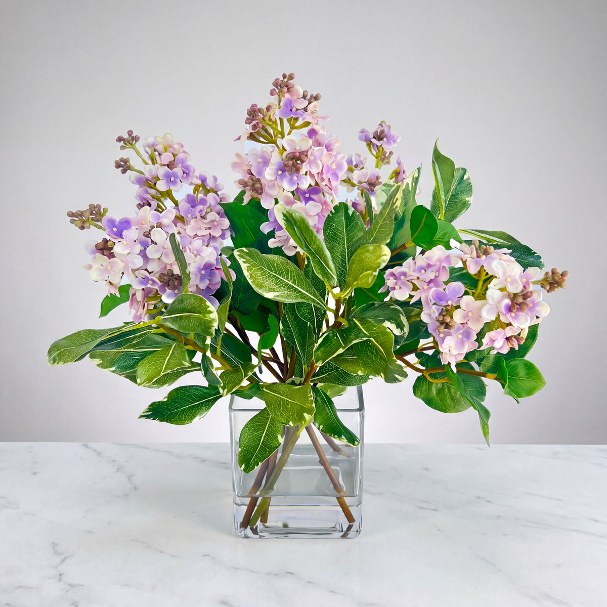 Lilac Flower Arrangement in Glass Vase — 15″