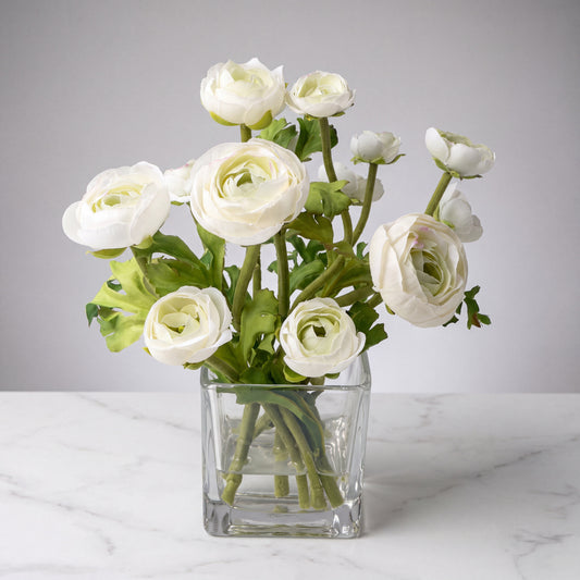 White Ranunculus Arrangement in Glass Vase — 8″