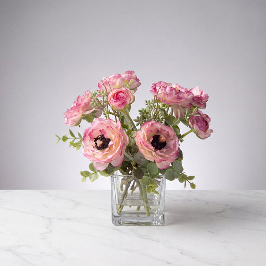 Pink Ranunculus Arrangement in Glass Vase — 8″