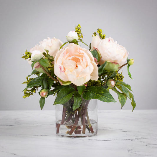 Blush Peony Trio in Glass Vase — 10″