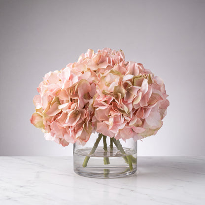 Blush Hydrangea Arrangement in Glass Vase — 10″