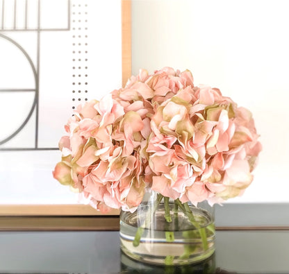 Five blush hydrangea blooms arranged in a clear glass vase, 10 inches high