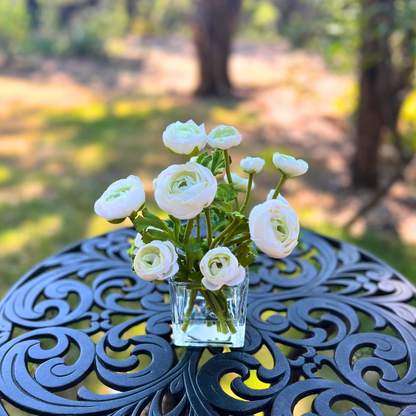 White Ranunculus Arrangement in Glass Vase — 8″