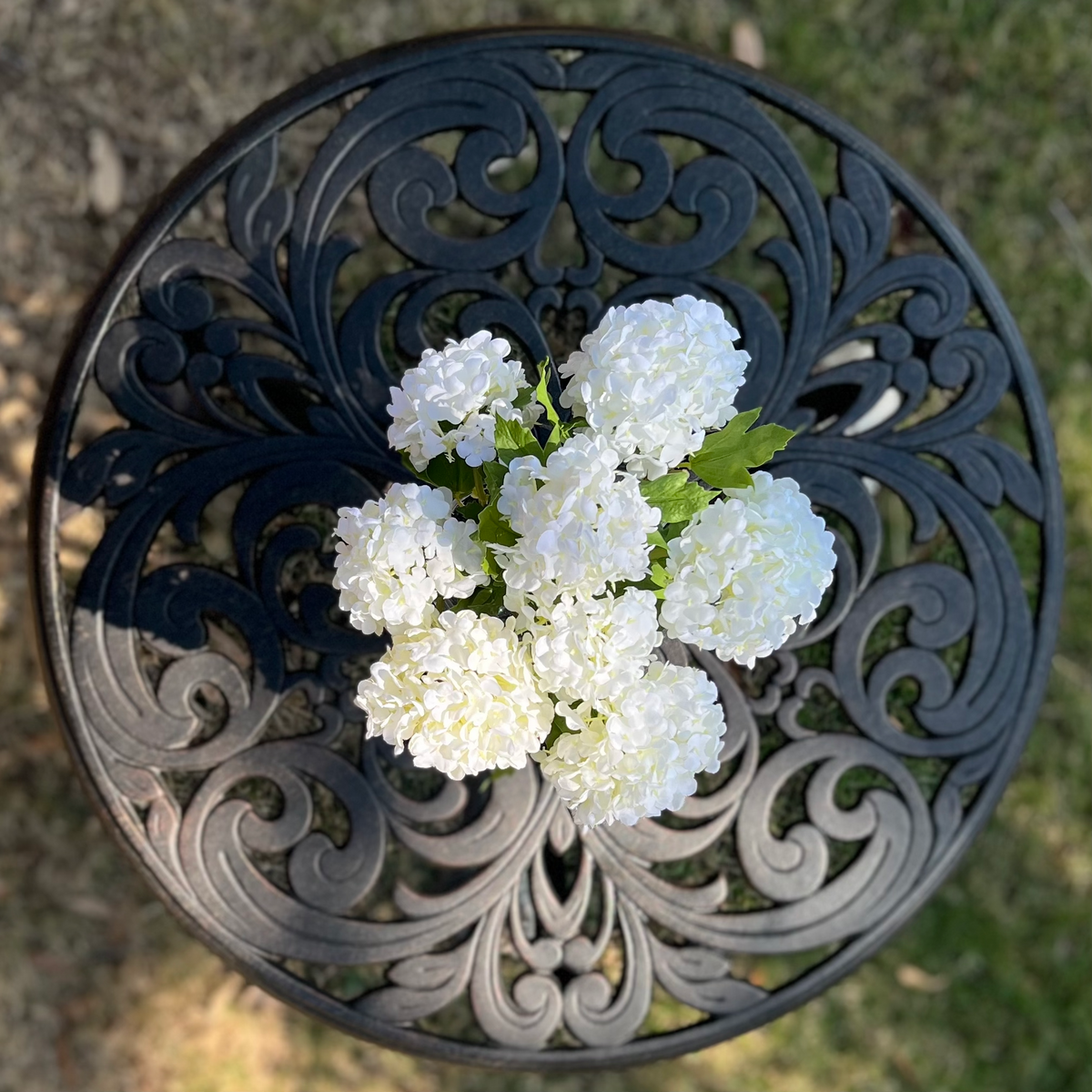 White Hydrangea Arrangement in Glass Vase — 8″